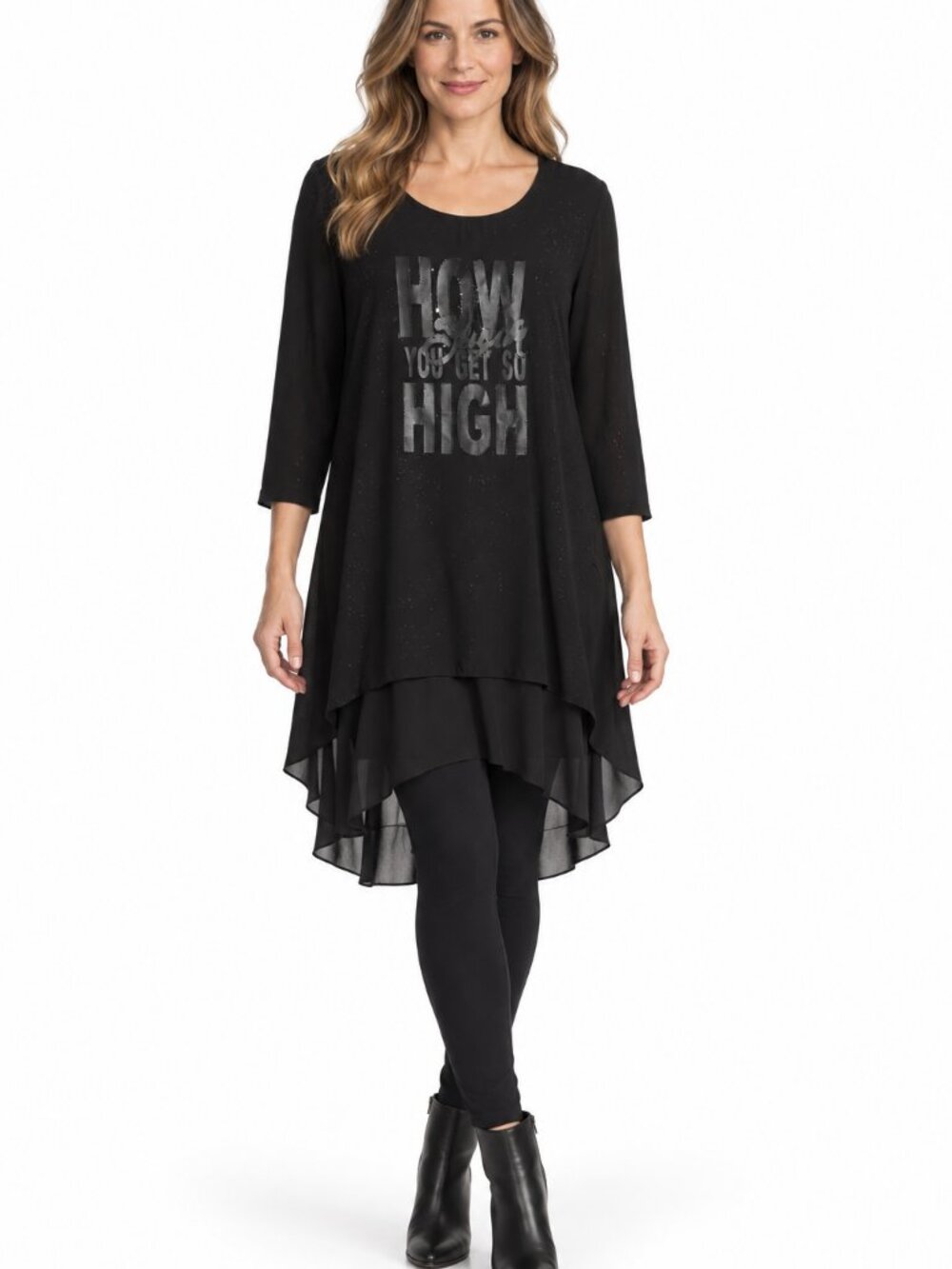 TRICOTTO Black Graphic High-Low Layered Tunic Top - Size L